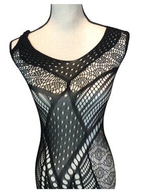 Sheer Black Lace Fishnet Geometric Bodysuit* Open Back*Stretchy*Sexy*Cosplay*NIP